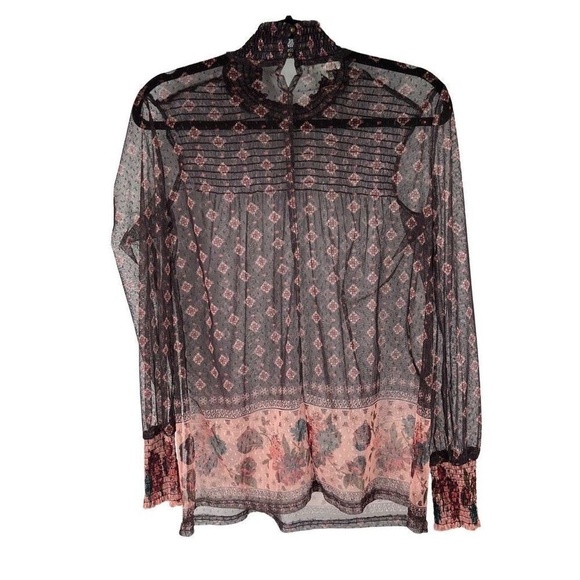 Maurices Black Pink Mesh Floral Sheer Mock Neck Blouse - Picture 1 of 6